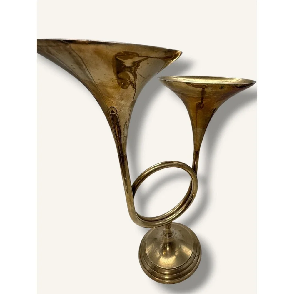 Rare and unique Vintage Brass Double French Horn Candlestick Holder with Patina
